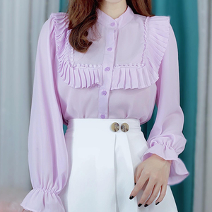 Blusa de manga larga plisada con volantes y encaje para mujer, elegante camisa de oficina con botones frontales para boutiques y tiendas minoristas. - Product Image 5