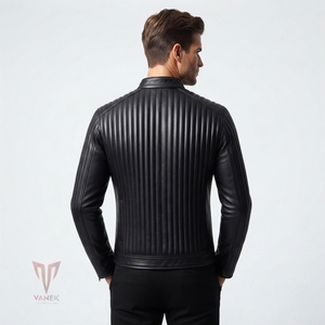 Chaqueta de Cuero Negra para Hombre VANEK, Estilo Motero, Cuello Alto, Cierre de Cremallera, Corte Ajustado, Resistente al Viento para Invierno - Product Image 3