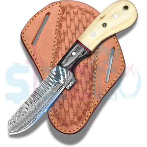 Cuchillo de caza y camping de hoja fija de acero de Damasco hecho a mano, estilo vaquero personalizado, con funda de cuero. - Product Image 4
