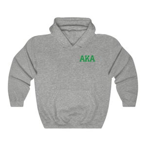 Sudadera con Capucha AKA Crest World Famous, Color Gris Jaspeado Atlético, Bordado Verde, Ropa Griega Personalizada - Product Image 1