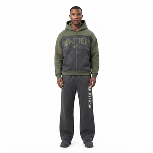 Mens Olive Green and Dark Gray <b>Zip</b> <b>Up</b> Hooded Tracksuit Set Color Block <b>Graphic</b> Print <b>Hoodie</b> and Jogger Pants - Product Image 1