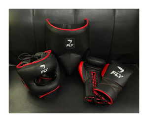 Ensemble de boxe MMA Fly SuperLace Sanda |   Équipement de boxe personnalisable en cuir de vachette véritable, avec protège-nez à lacets, protège-tête et protège-glandes. - Product Image 1