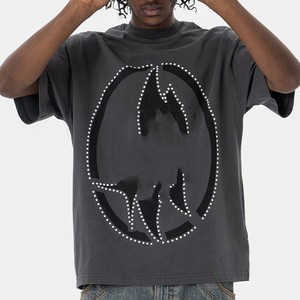 Camiseta Vintage de Algodón con Gráficos de Diamantes de Imitación, Estilo Urbano, Cuello Redondo, Oversize, Manga Corta, Hombros Caídos, para Verano - Product Image 4