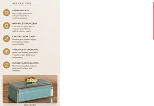 Light <b>Blue</b> Glass Jewelry Storage Box with Natural Stone Accent Gold Detail Beveled Edges and Soft Finish - Product Image 3
