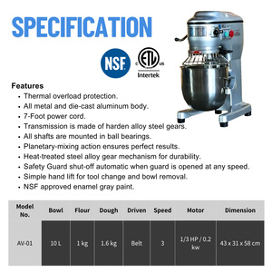 Batidora Planetaria Eléctrica para Panadería, para Pasteles y Pan, con Tazón de Mezcla de Acero Inoxidable de 10 Litros - Product Image 2