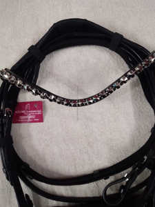 Bridon d'équitation en cuir véritable avec muserolle en cuir verni et rembourrage noir | Bride de cheval avec bandeau en cristal strass, vente en gros - Product Image 2
