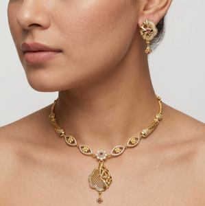 Parure Collier et Boucles d'Oreilles Divyoro Élégante Florale en Alliage de Cuivre Doré pour Femme, Longueur Réglable, Bijoux Classiques d'Origine Orissa pour Mariage - Product Image 3