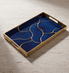 Plateau de service rectangulaire en métal émaillé bleu, motif agate veinée or, poignées découpées, pour table basse de salon, plat à nourriture - Product Image 4