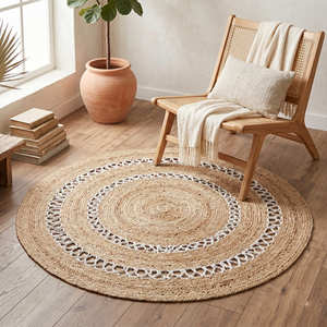 Grey Braided <b>Round</b> Jute Rug with Decorative Floral Arrangement for Contemporary Living Spaces - Product Image 3