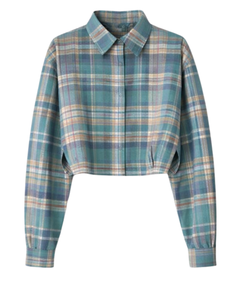 Chemisier court personnalisé pour femme à carreaux vert-bleu, col rabattu, manches longues, boutonné, style décontracté, fabricant et fournisseur OEM - Product Image 1