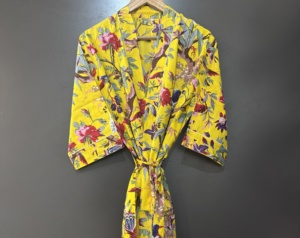 Bata de mujer con estampado floral, amarilla, de manga larga, largo completo, con cordón, informal, para verano, 100% algodón, tejido gofrado, suave, ODM - Product Image 1