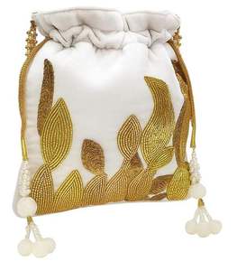 Handmade <b>White</b> Silk Potli <b>Purse</b> with Gold Embroidery Leaf Pattern and Pearl Tassels for Wedding Decoration - Product Image 1