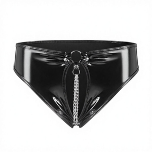 Braguitas de cuero charol negro de cintura alta con cremallera frontal y cierre de hebilla, ropa interior sexy para mujer - Product Image 3