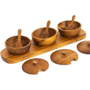 Ensemble de bols à tremper pour condiments en bois de teck au design personnalisé de luxe, assiette cuillère écologique ultra-durable à 3 plateaux - Product Image 1