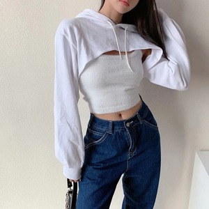Sudadera Corta Blanca para Mujer, de Manga Larga, Tejida en Poliéster, Informal, con Orejas de Gato, Diseño Asimétrico, Color Sólido, para Otoño - Product Image 5