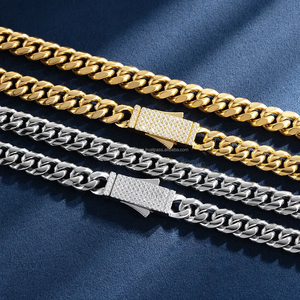 10-12mm 925 Starling Argent Plaqué Or Miami Chaîne Avec Diamant Printemps Boucle Cubain Lien Plaine Chaîne Collier - Product Image 1