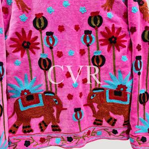 Abrigo de Terciopelo Rosa con Bordado Floral a Mano, Cuello Mao, Manga Larga, Ropa Exterior Informal de Otoño para Mujer - Product Image 5