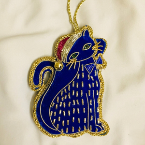 Luxury Blue Cat Christmas Hanging Ornament, Handmade Kitty Holiday Tree Decoration, Embroidered Beaded Festive Home Decor Gift - Product Image 1
