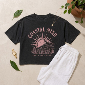 T-shirts d'été pour femmes en coton biologique, coupe classique, décontractés, à manches courtes, col rond, épaules tombantes, respirants, imprimés, vente en gros - Product Image 6