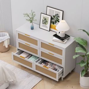 Mobiletto portaoggetti in rattan bianco da 43,31 pollici con 6 cassetti per camera da letto e soggiorno - Product Image 3