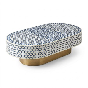 Mesa de centro redonda con incrustaciones de hueso, hecha a mano, con patrón floral en blanco y negro y base de pedestal de latón para decoración del hogar. - Product Image 2