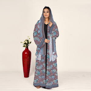 Abaya de Chifón con Motivo Floral, Pañuelo para la Cabeza Coordinado, Frente Abierto, Manga Larga, Ropa Musulmana Modesta para Mujer, Estilo Árabe, para Oración del Eid - Product Image 4