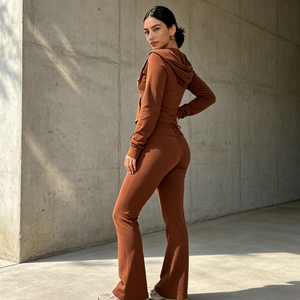 Women's Brown Hooded Sweatshirt Set Full Sleeve Solid Color Knitted Two Piece Casual Outfit Long Pants and <b>Top</b> - Product Image 5