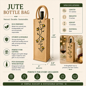 Handcrafted Jute Wine <b>Bottle</b> <b>Bag</b> with Embroidery | Eco-Friendly Gift, Beverage & <b>Bottle</b> Carry <b>Bag</b> - Product Image 5