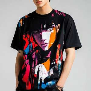 Camiseta Negra de Manga Corta para Hombre con Estampado de Personajes Coloridos, Cuello Redondo, Corte Regular, Algodón Jersey, Estilo Urbano - Product Image 1