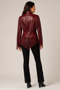 Women’s Genuine Leather <b>Fringe</b> <b>Jacket</b> Deep Burgundy Western Style Long <b>Fringe</b> Custom OEM ODM Wholesale Fashion Outerwear - Product Image 2