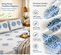 Parure de lit 3 pièces en coton 200TC imprimé pigmentaire, motif floral bleu, style indien, luxe léger et durable