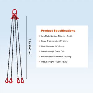 Catena di sollevamento G80 per paranchi a catena, 1/4 di pollice x 5 piedi, capacità 6600 libbre/3 tonnellate, con ganci - Product Image 1