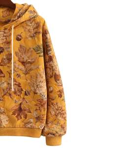 Sudadera con Capucha para Mujer, Estampado de Hojas Otoñales Amarillo Mostaza, Felpa de Algodón, Estilo Casual, Fabricante Personalizado, Proveedor de Ropa al por Mayor - Product Image 4