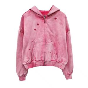 High Quality Distressed Embroidery Hoodie Custom Design Cotton Boxy Cropped Hoodie <b>Men</b> Acid Washed Vintage Cut and Sew Hoodie - Product Image 1