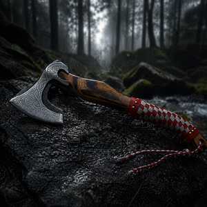 UMAR FAROOQ Custom Handmade Industrial Grade <b>Viking</b> <b>Axe</b> Flat Backed Damascus Steel Blade 16in Overall Length 3Lb Weight Leather - Product Image 6