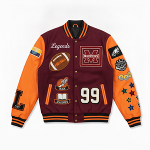 Chaqueta Varsity Marrón para Hombre con Mangas Naranjas, Diseño de Parche Bordado con el Número 99 en el Frente, Ropa Casual de Otoño - Product Image 1