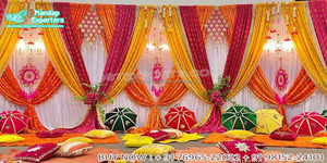 การตกแต่งผ้ามุงหลากสีสําหรับการติดตั้ง Sangeet การตกแต่งธีมนกยูงล่าสุดสําหรับ Sangeet ฉากหลังเวที Sangeet ที่มีสีสัน - Product Image 3