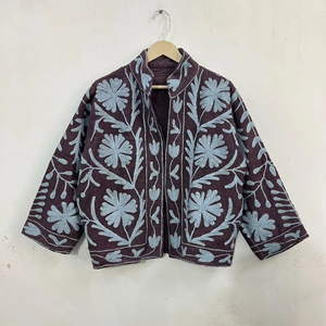 <b>Women</b> Vintage Suzani Floral Embroidered Cotton Jacket Ethnic Boho Crop <b>Coat</b> Handmade Statement Outerwear - Product Image 1