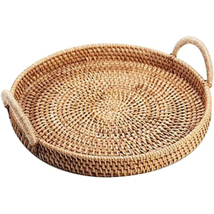 Handwoven <b>Round</b> Rattan Serving <b>Tray</b> with Handles Eco-Friendly Woven Wicker Basket for Coffee <b>Table</b> Breakfast and Home Decor - Product Image 6