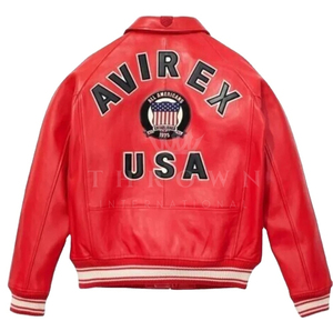 Blouson bomber Avirex rouge en cuir véritable imperméable à col montant avec logo sur le devant pour l'hiver - Product Image 2