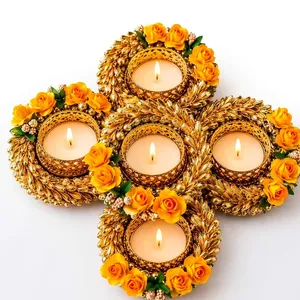 Golden Floral Tea <b>Light</b> Holder Set with Orange <b>Roses</b> for Home Decoration - Product Image 2