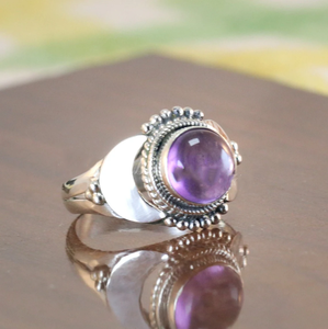Half <b>Moon</b> Purple Amethyst <b>Ring</b> Crescent <b>Moon</b> Gemstone <b>Ring</b> Handmade Boho Celestial Jewelry Natural Amethyst <b>Ring</b> Statement <b>Ring</b> - Product Image 1