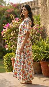 Handcrafted Indian Cotton <b>Kaftan</b> <b>Dress</b> <b>Womens</b> Floral V Neck Drawstring Waist - Product Image 6