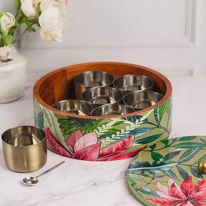 Fantastic Design Wood Spice <b>Box</b> Handmade Round Shape Printed Wood Masala <b>Box</b> With 7 Compartment and Metal Lid - Product Image 5