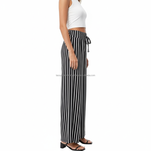 Women's <b>Palazzo</b> <b>Pants</b> Mid Waist Striped Drawstring Custom OEM Wholesale - Product Image 4