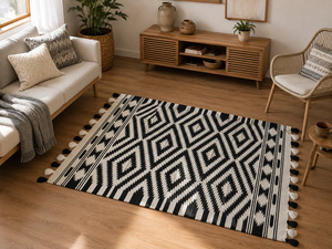 Tapis géométrique noir et blanc fait main en coton, tissage plat, tapis moderne bohème, décoration de sol pour salon - Product Image 1