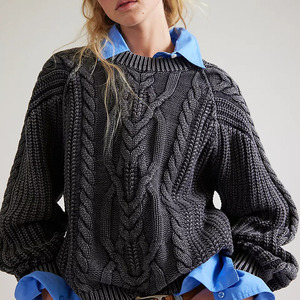 Suéter de punto trenzado gris personalizado para mujer, cuello redondo, manga farol, lana gruesa, tejido a mano, color sólido, informal, holgado, para invierno - Product Image 1