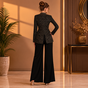 Luxury Black Embellished Pant Suit <b>Set</b> | Designer <b>Blazer</b> With Wide Leg Trousers Elegant Formal Party Wear Women's Fashion Outfit - Product Image 4