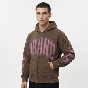 Sudadera con capucha para hombre, marrón, con cremallera, estilo oversize, de algodón y felpa, con estampado de letras y logo frontal, manga regular, para otoño - Product Image 5