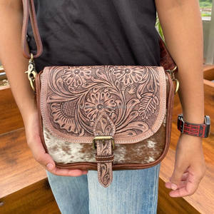 High Quality Custom Hair on Tooled Leather Crossbody Bag for Women's Western Genuine Leather Floral Purse Cowhide Shoulder Bags - Product Image 2
